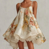 Elda Vestido Mini Beige de Organza Floral en Línea A con Acabado de Encaje