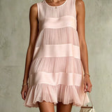 Estrella Vestido Mini de Chiffon Rosa Claro Plisado con Diseño de Capas y Patchwork