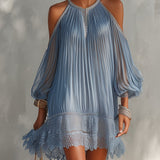 Inesia | Elegante blauwe off-shoulder mini-jurk met kant