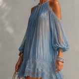 Inesia | Elegante blauwe off-shoulder mini-jurk met kant