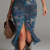 Daniela | Blauwe midi-jurk met bloemenprint en kanten details