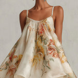Elda Vestido Mini Beige de Organza Floral en Línea A con Acabado de Encaje