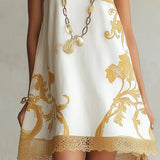 Emilia Vestido Mini de Encaje Blanco y Dorado con Estampado Decorativo