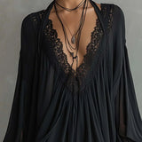Catalina Vestido Mini de Chiffon Negro con Escote Halter y Cuello de Encaje