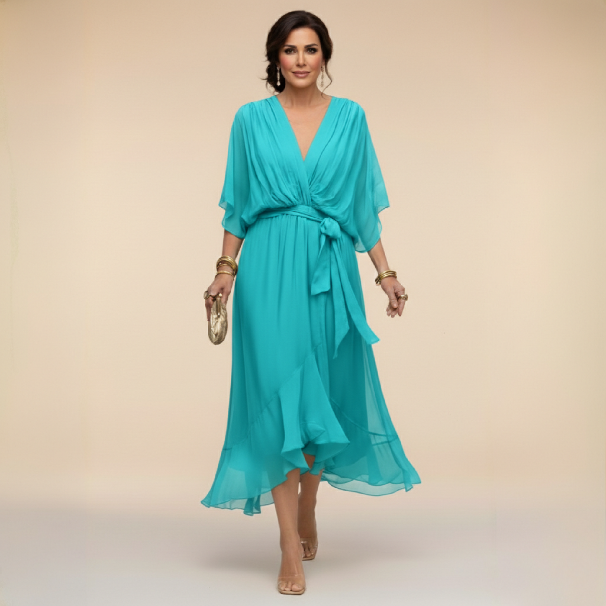 Mila | Elegante chiffon midi jurk met strikceintuur