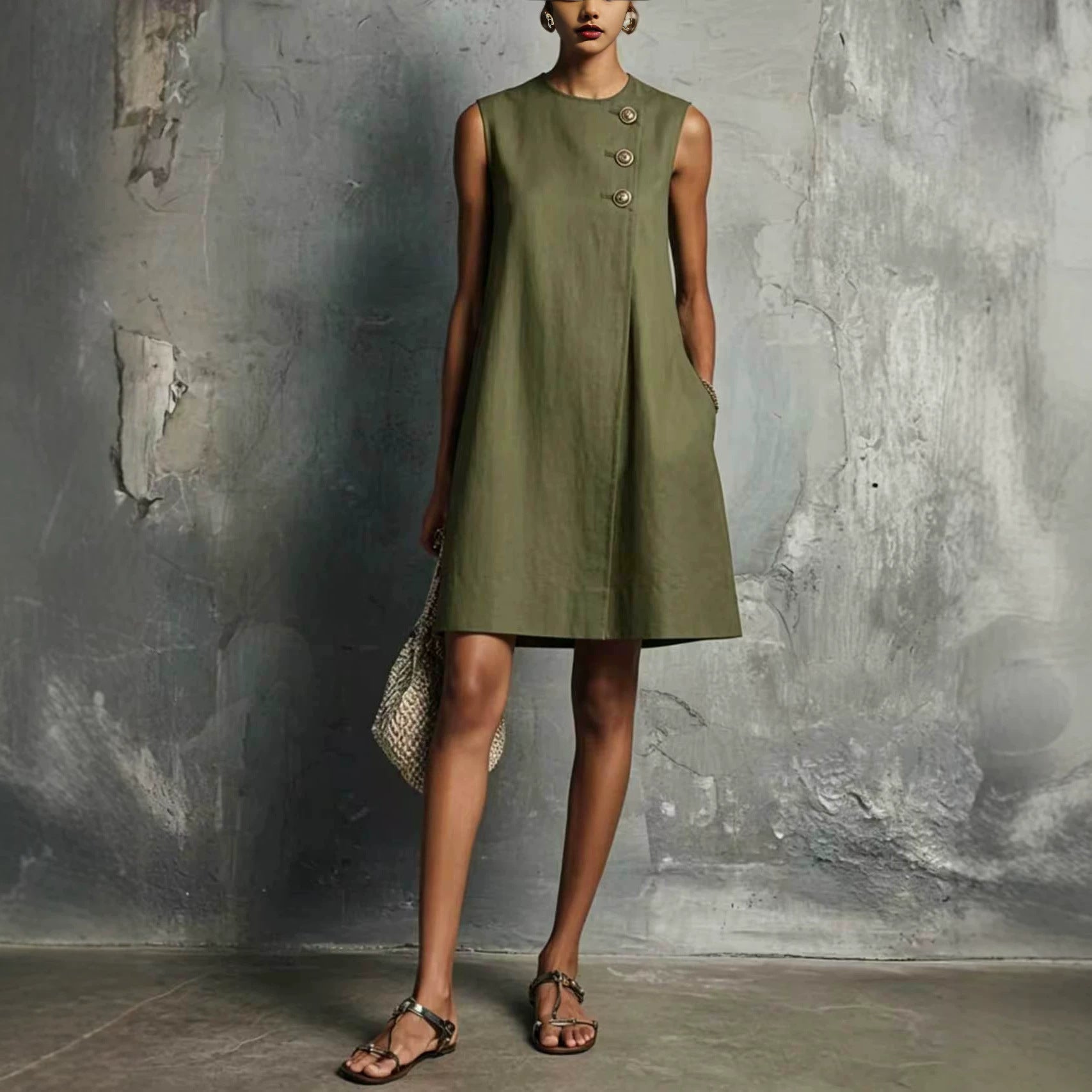 Margot | Elegante Mouwloze Mini-Jurk met Gouden Knopen