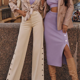 Eulalie | Tweedelige gebreide set met wrap crop top en midi-rok met knopendetail