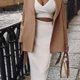 Eulalie | Tweedelige gebreide set met wrap crop top en midi-rok met knopendetail