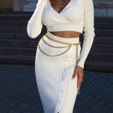 Eulalie | Tweedelige gebreide set met wrap crop top en midi-rok met knopendetail