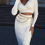 Eulalie | Tweedelige gebreide set met wrap crop top en midi-rok met knopendetail