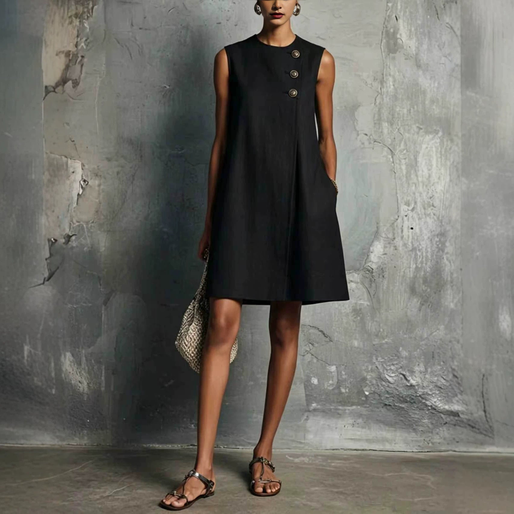 Margot | Elegante Mouwloze Mini-Jurk met Gouden Knopen