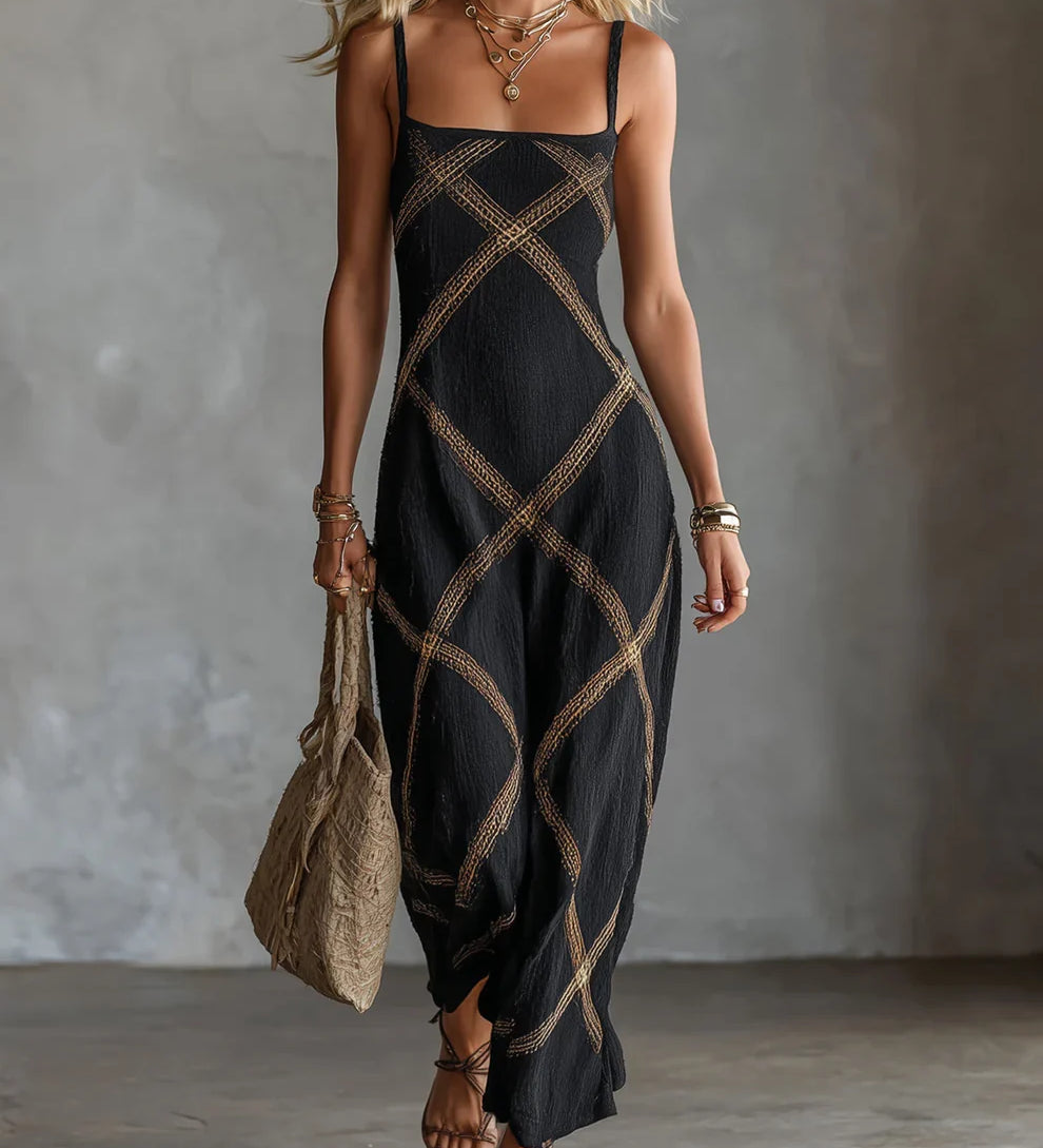 Melisa Vestido Maxi Geométrico con Escote Cuadrado