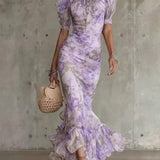 Eugenia Vestido Maxi con Estampado Floral Vintage Rosa y Mangas Abullonadas (Accesorios no incluidos)
