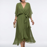 Elysia | Midi jurk met draping, V-hals en tailleband