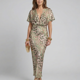 Coralie | Abstracte print Midi-jurk met V-hals en getailleerde taille