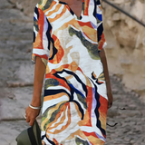 Livia | Artistieke Linnenlook Jurk met Abstracte Print