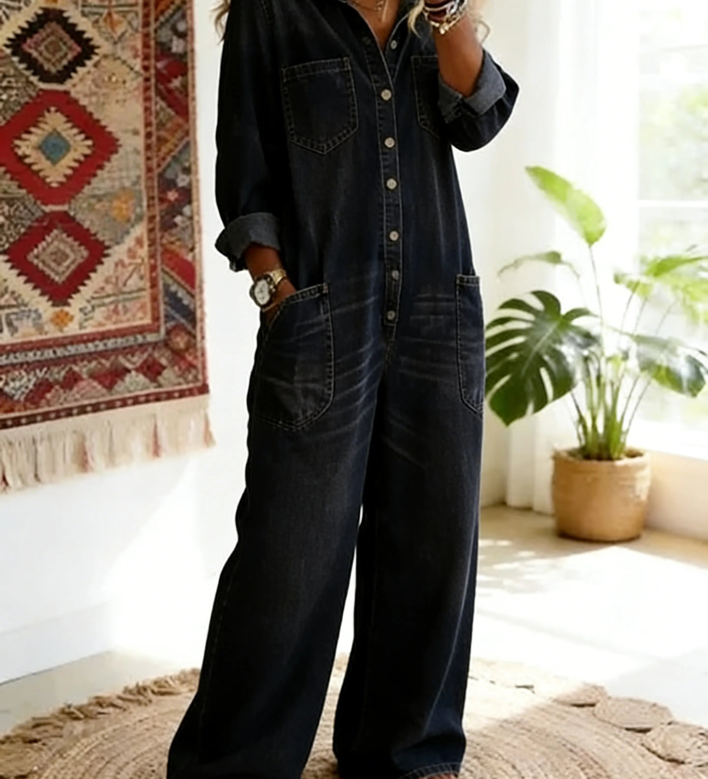 Lainey | Denim jumpsuit met kraag en losvallende pasvorm