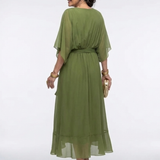 Elysia | Midi jurk met draping, V-hals en tailleband