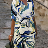Livia | Artistieke Linnenlook Jurk met Abstracte Print