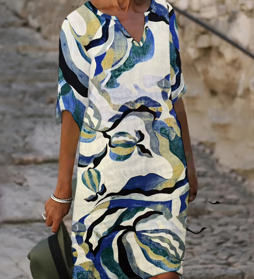 Livia | Artistieke Linnenlook Jurk met Abstracte Print