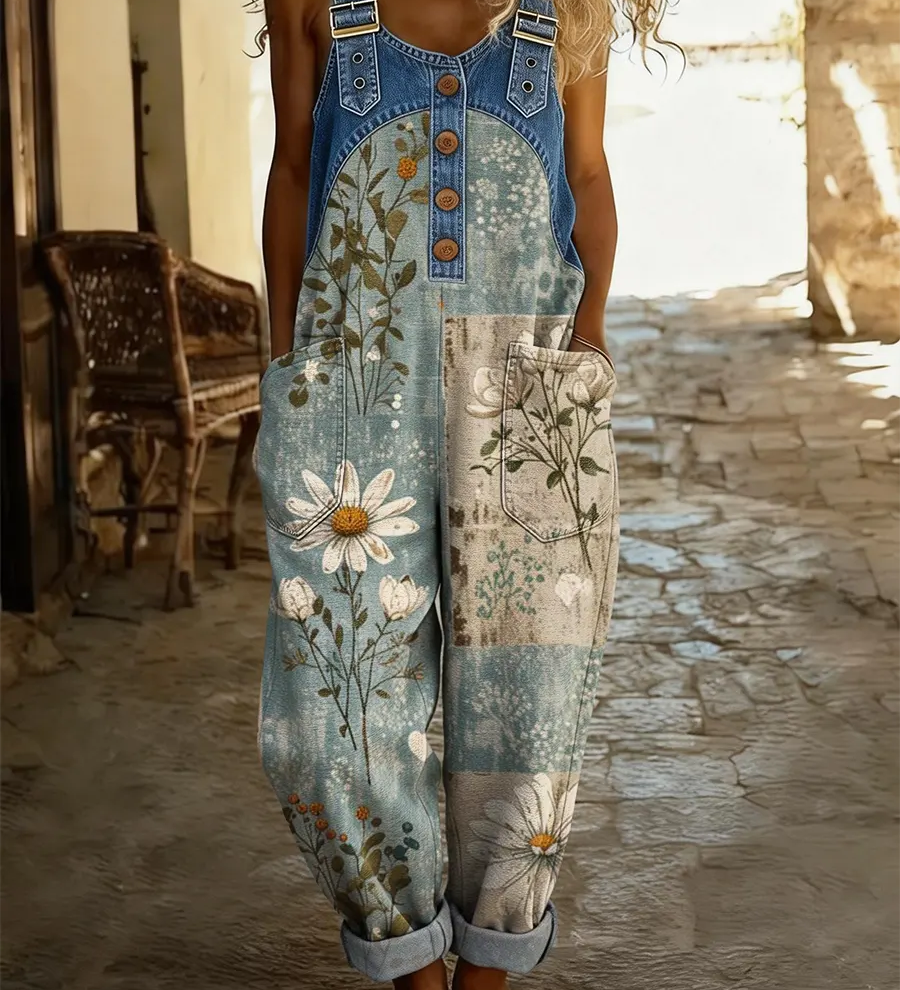 Eveline | Denim jumpsuit met patchwork bloemenprint en losse pasvorm