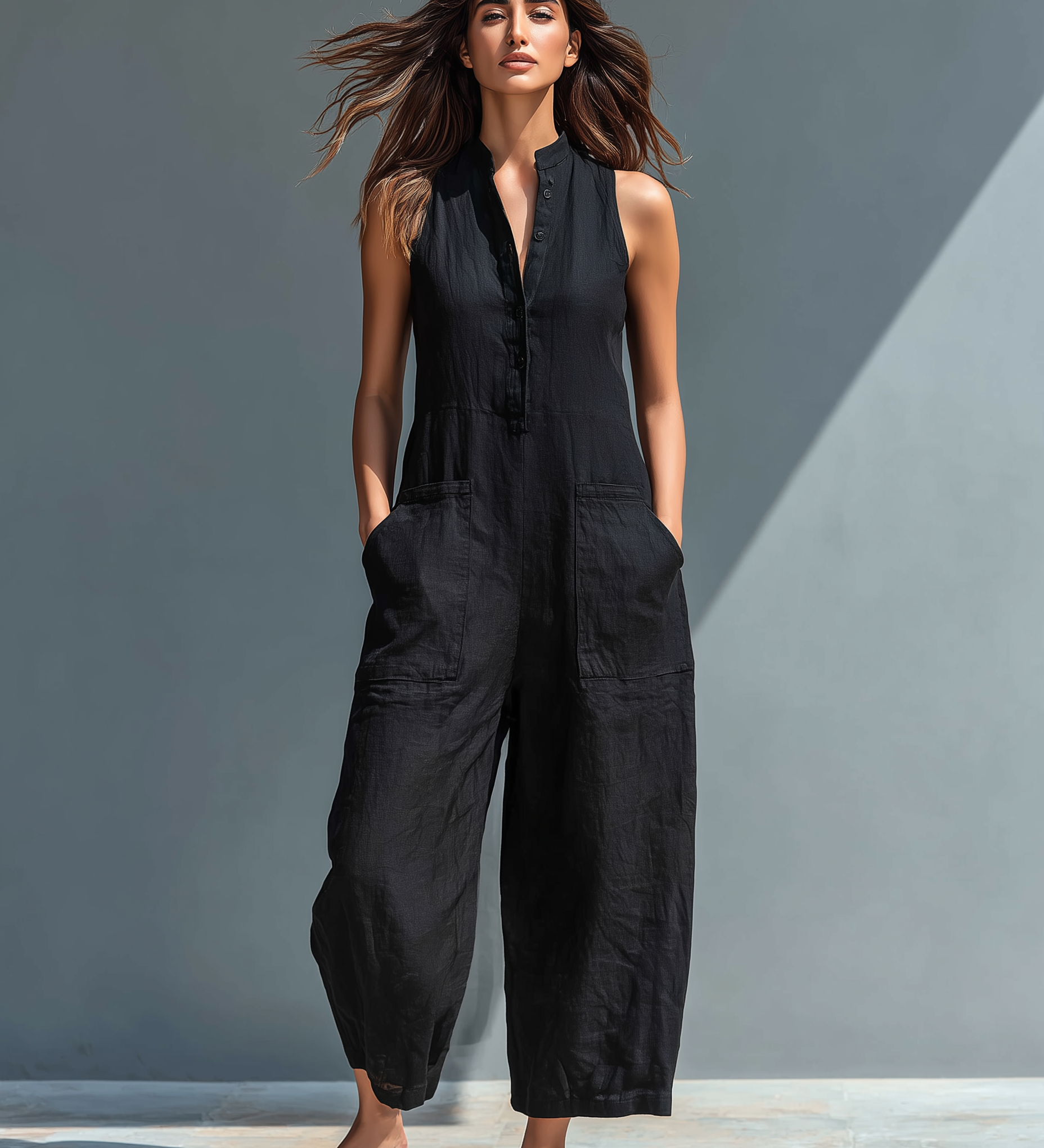 Mouwloze Jumpsuit met Mandarin Kraag en Ontspannen Pasvorm