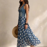 Solène | Elegante denim jurk met luchtige stippenrok