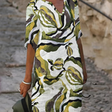 Livia | Artistieke Linnenlook Jurk met Abstracte Print