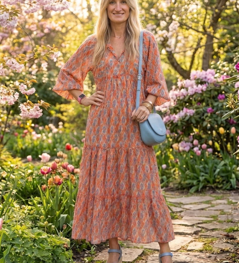 Amara | Midi Jurk met V-Hals en Geometrisch Patroon