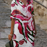Livia | Artistieke Linnenlook Jurk met Abstracte Print