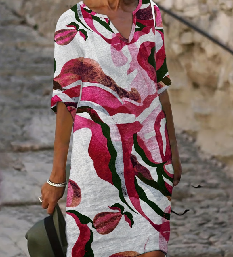 Livia | Artistieke Linnenlook Jurk met Abstracte Print