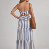 Isabelle | Strapless Midi Jurk met Gelaagde Gestreepte Rok