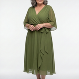 Elysia | Midi jurk met draping, V-hals en tailleband