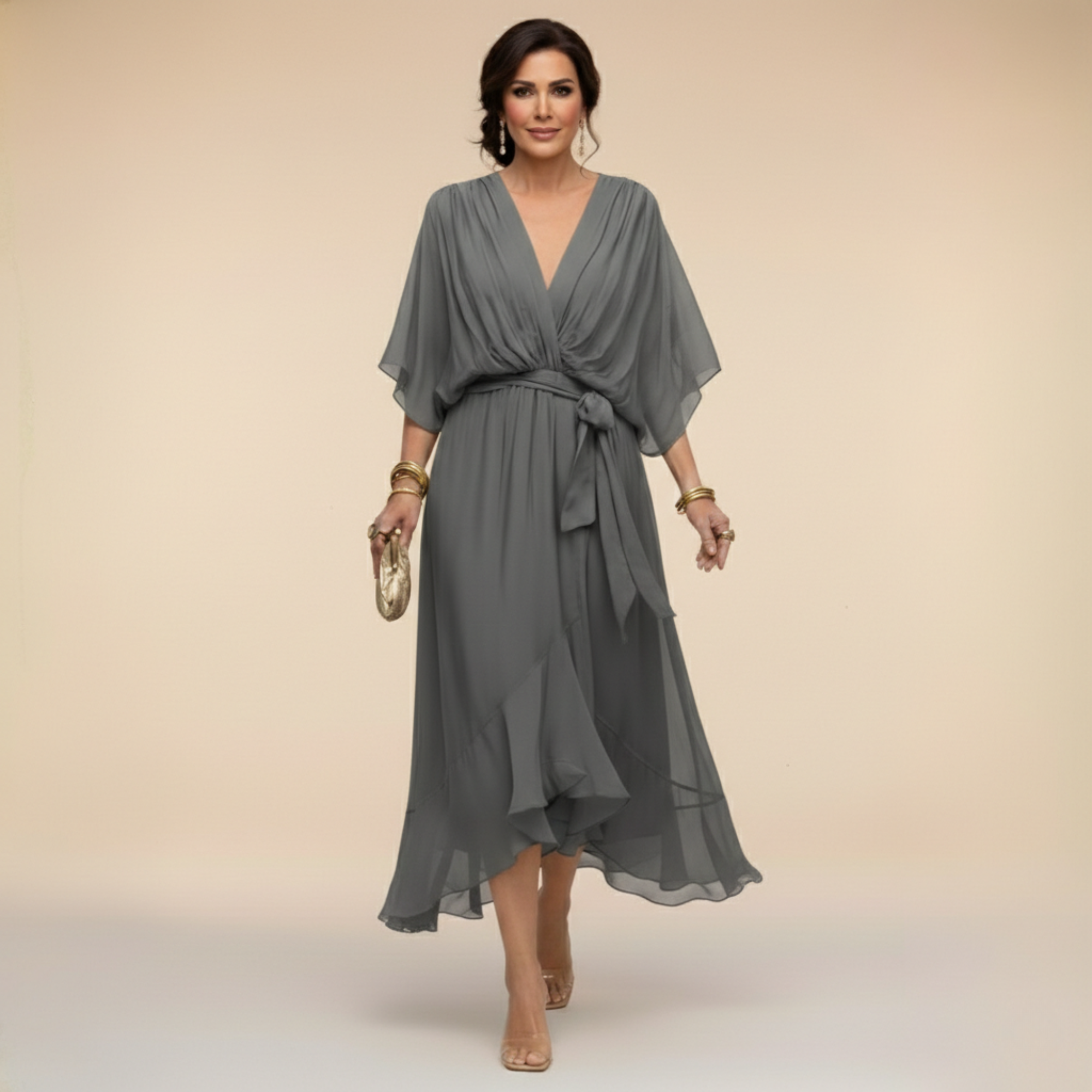 Mila | Elegante chiffon midi jurk met strikceintuur