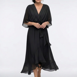Elysia | Midi jurk met draping, V-hals en tailleband