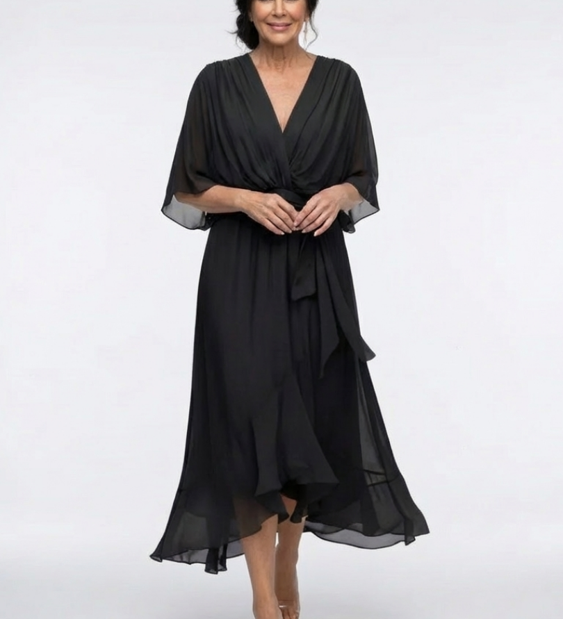 Elysia | Midi jurk met draping, V-hals en tailleband