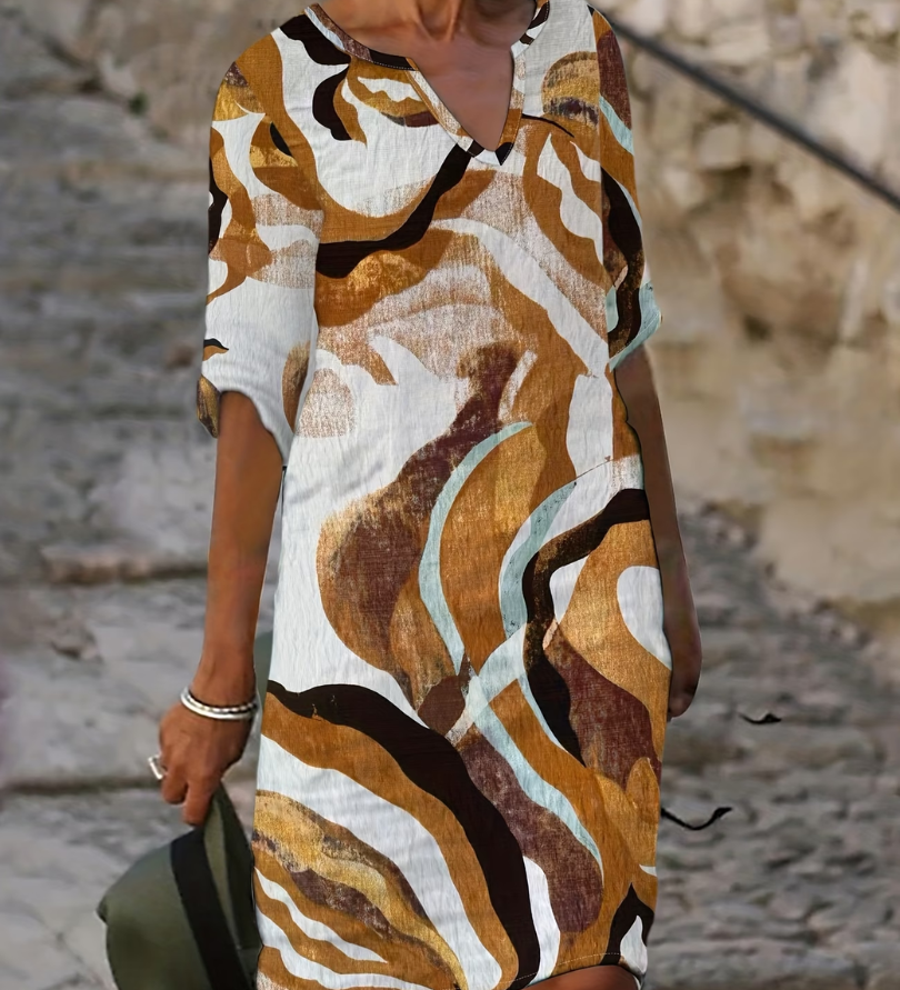 Livia | Artistieke Linnenlook Jurk met Abstracte Print