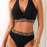 Bikini Geribbeld Leopard Kleurblok