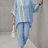 Linnen set met streepdetails en asymmetrische tuniek
