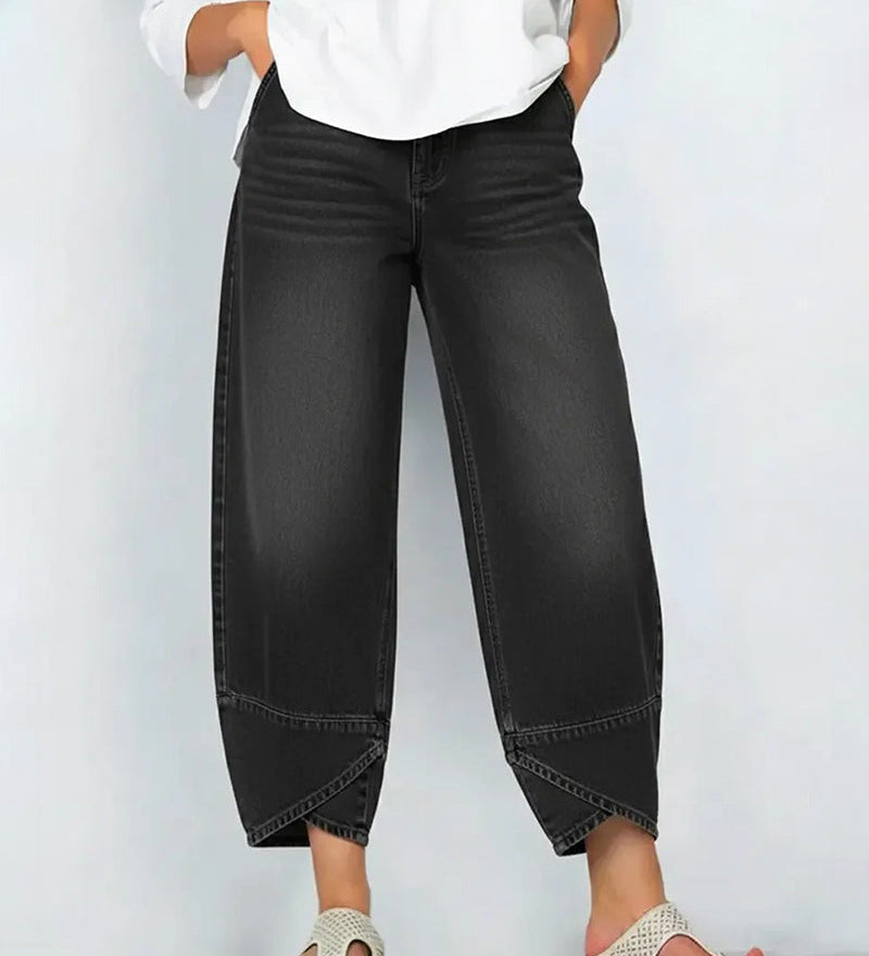 Katoenen broek met denim look en relaxte pasvorm
