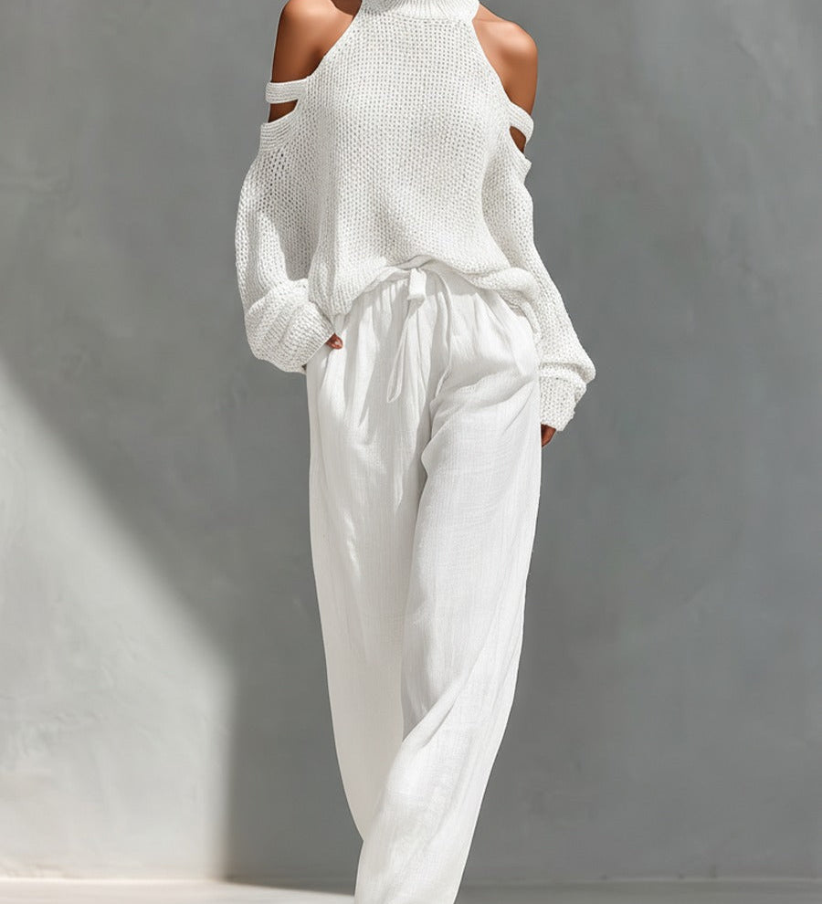 Canisse | Elegante gebreide tweedelige set met wijde broek