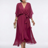 Elysia | Midi jurk met draping, V-hals en tailleband