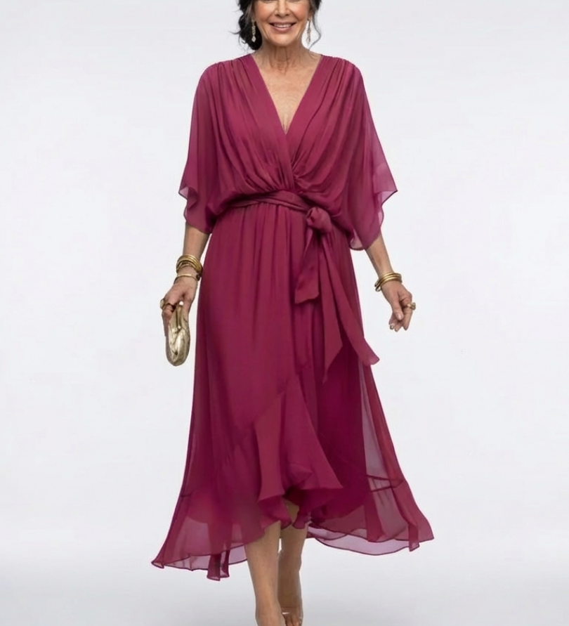 Elysia | Midi jurk met draping, V-hals en tailleband