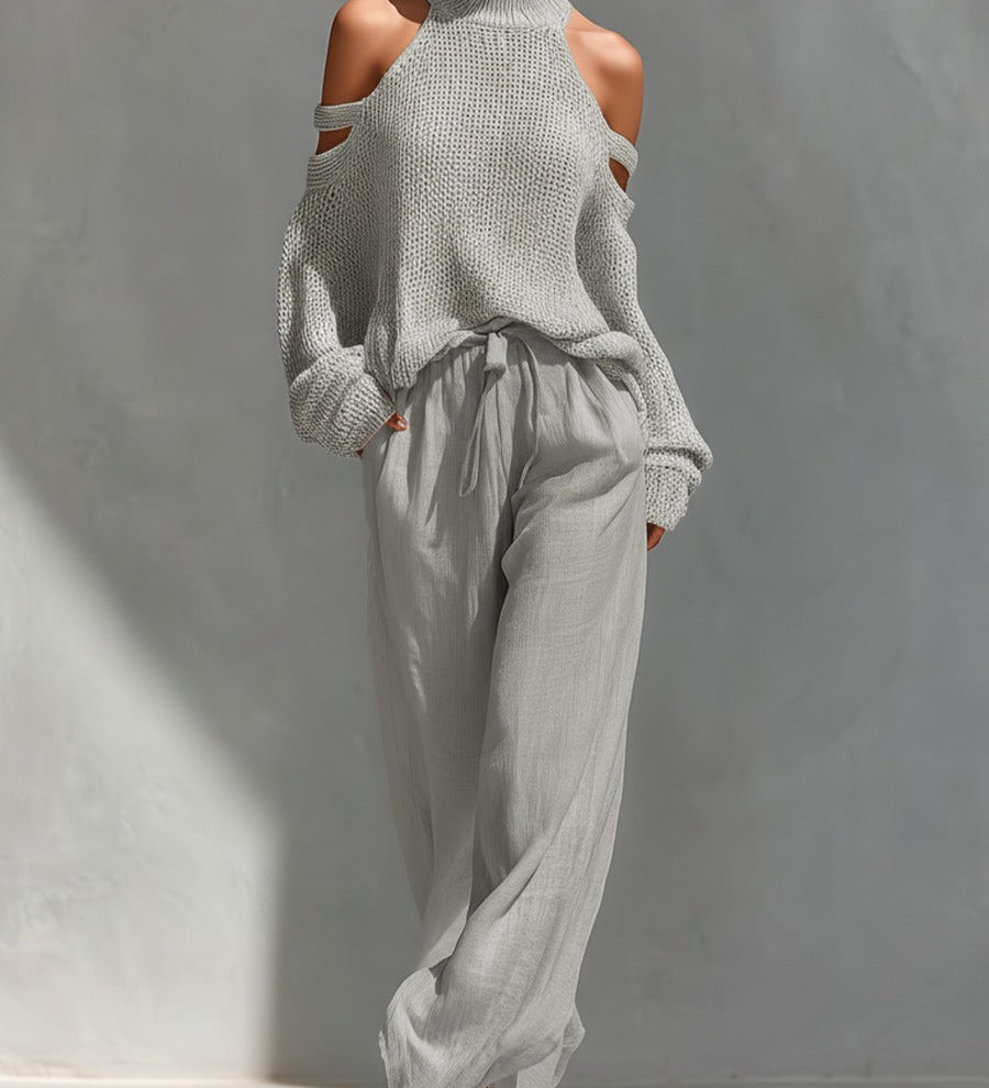 Canisse | Elegante gebreide tweedelige set met wijde broek