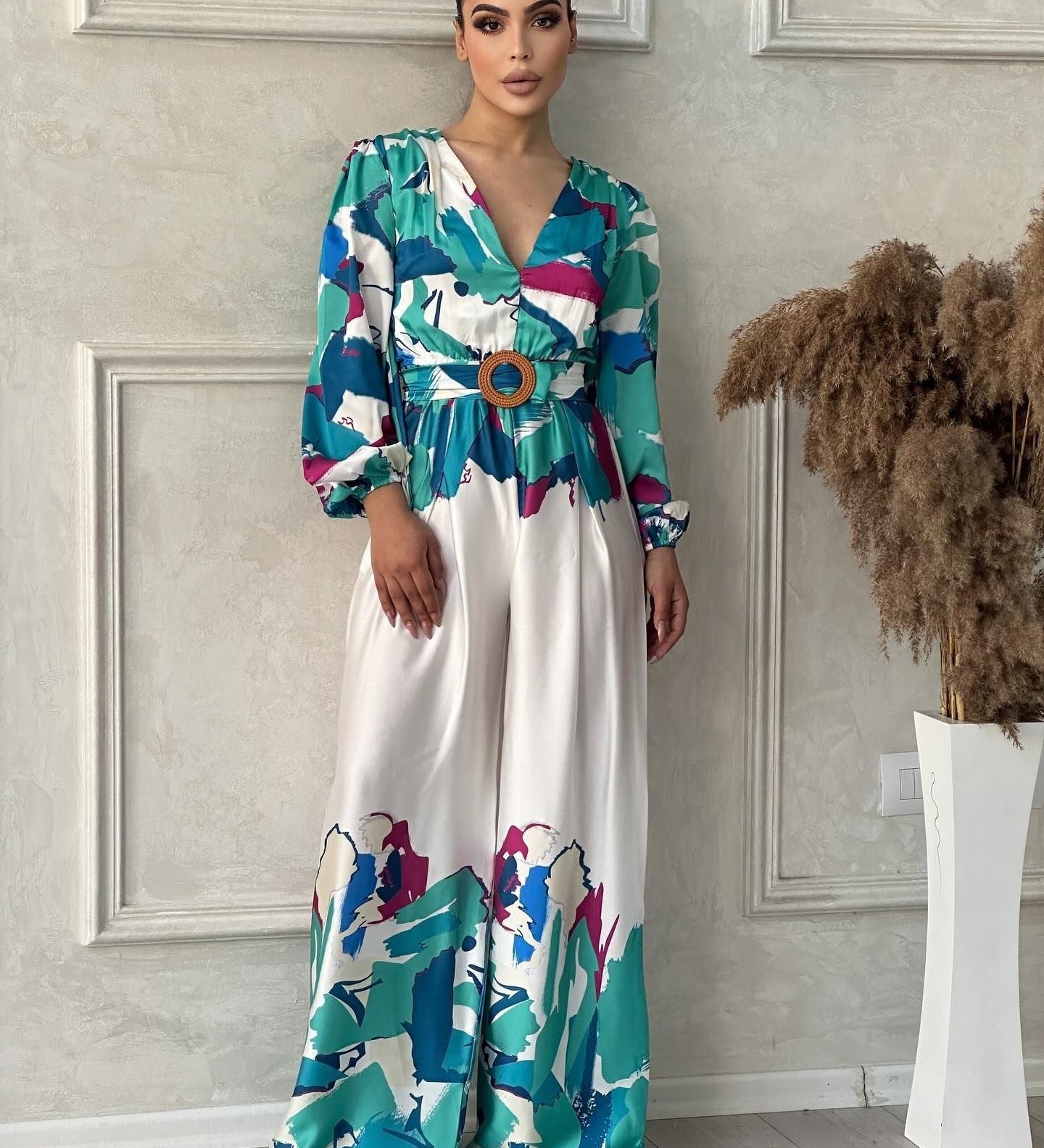Maxi Jurk met Statement Print en Getailleerde Taille