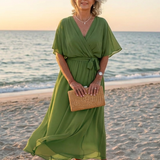 Elysia | Midi jurk met draping, V-hals en tailleband