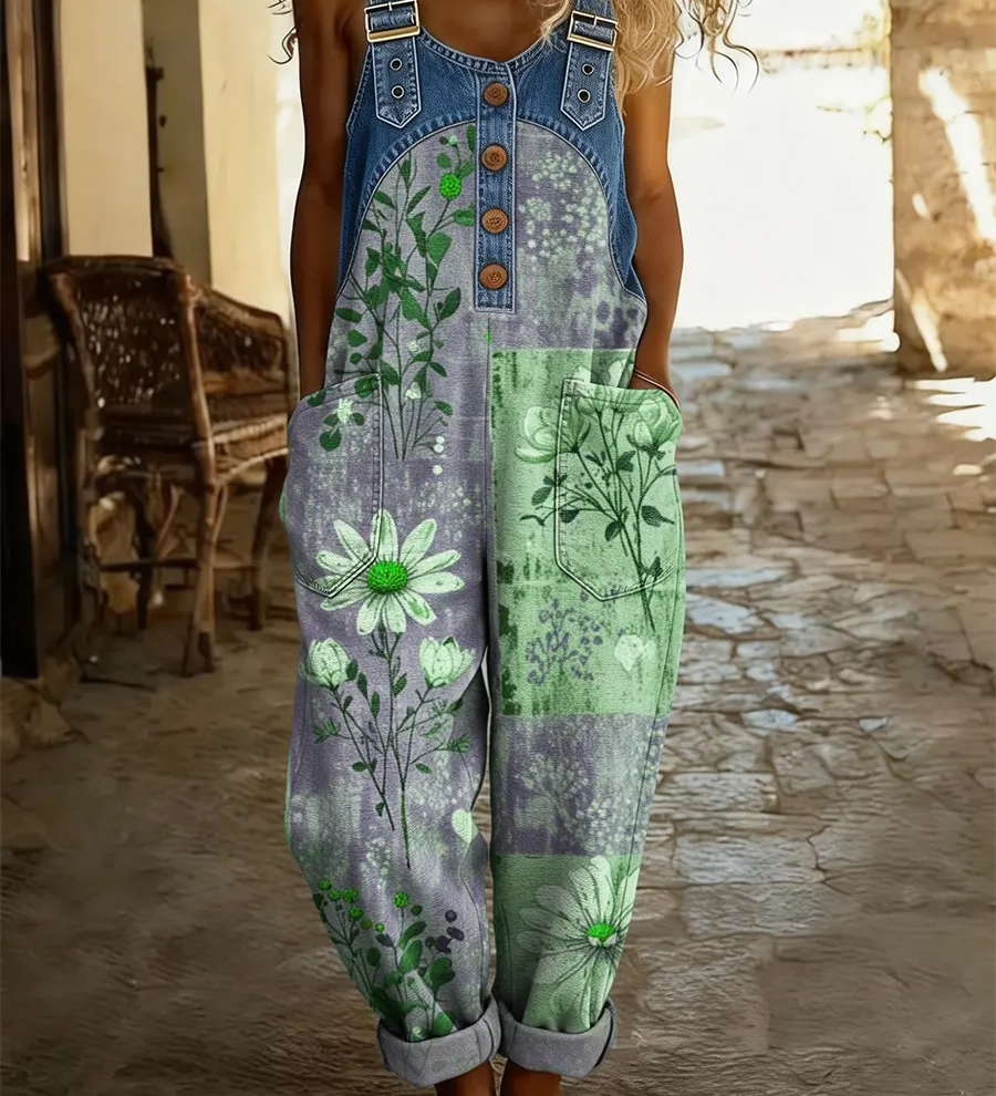 Eveline | Denim jumpsuit met patchwork bloemenprint en losse pasvorm