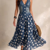 Solène | Elegante denim jurk met luchtige stippenrok