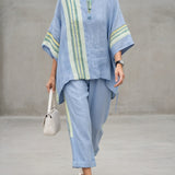 Linnen set met streepdetails en asymmetrische tuniek