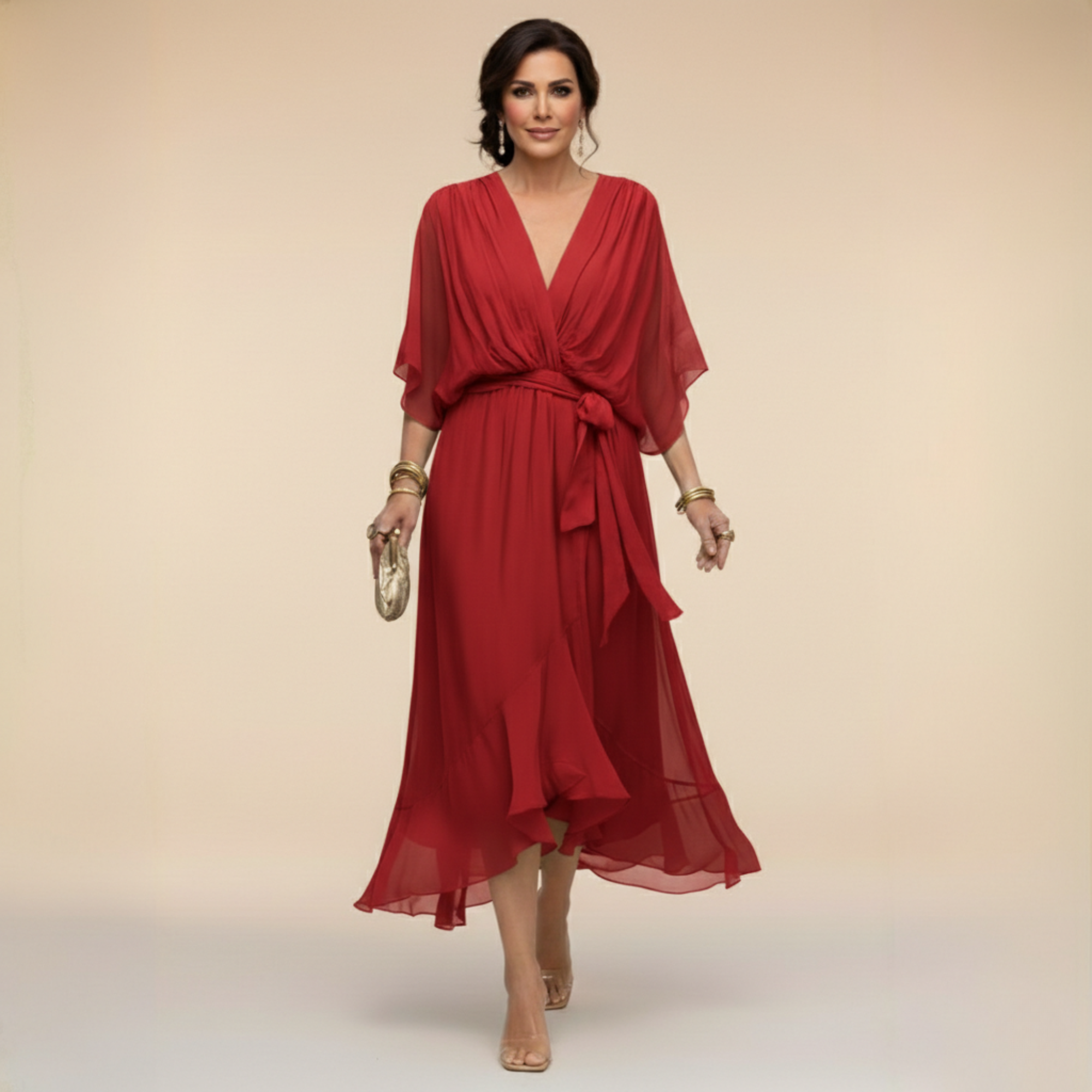 Mila | Elegante chiffon midi jurk met strikceintuur